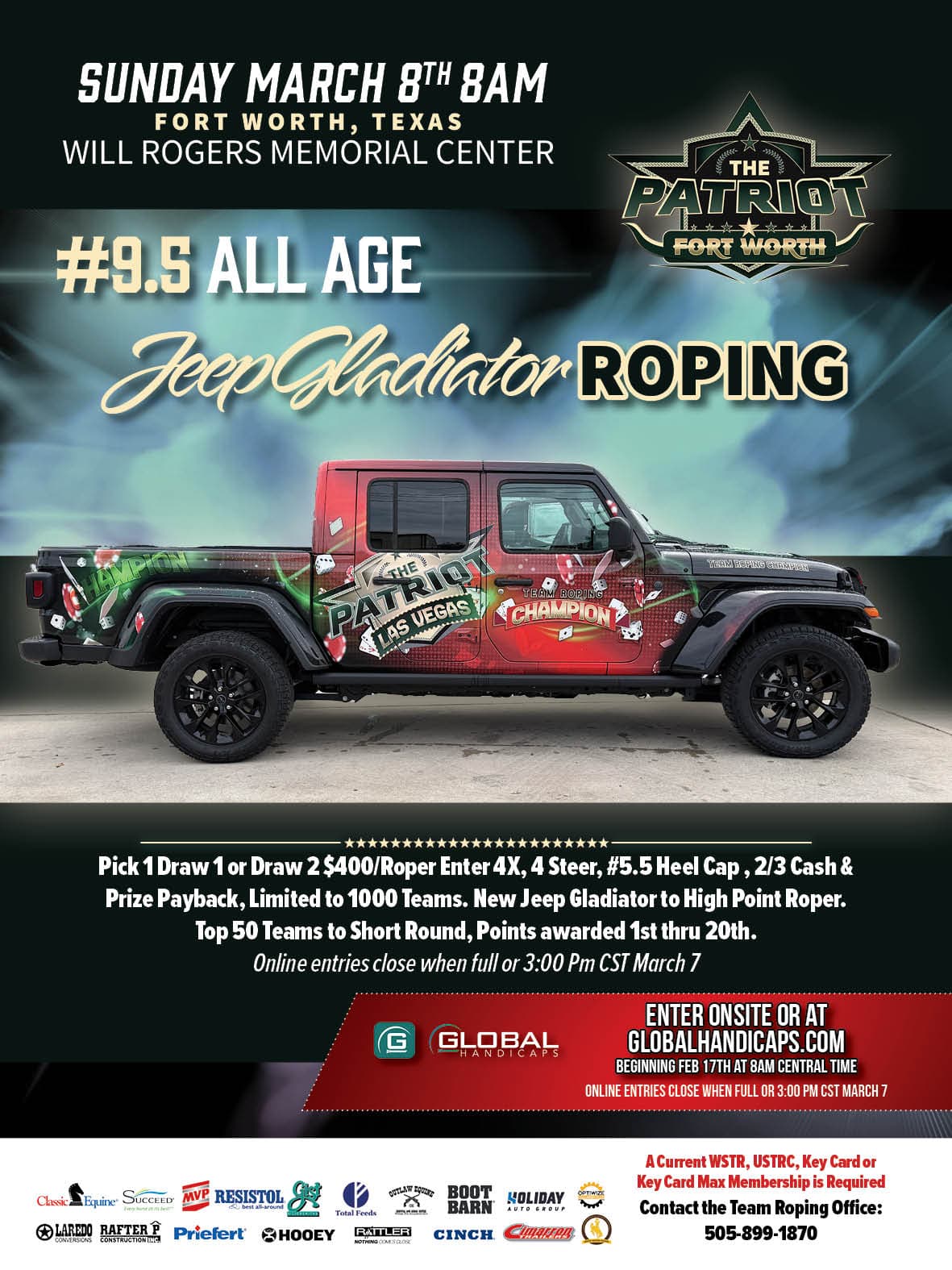 The #9.5 Jeep Gladiator Roping flyer for Patriot Fort Worth 2026