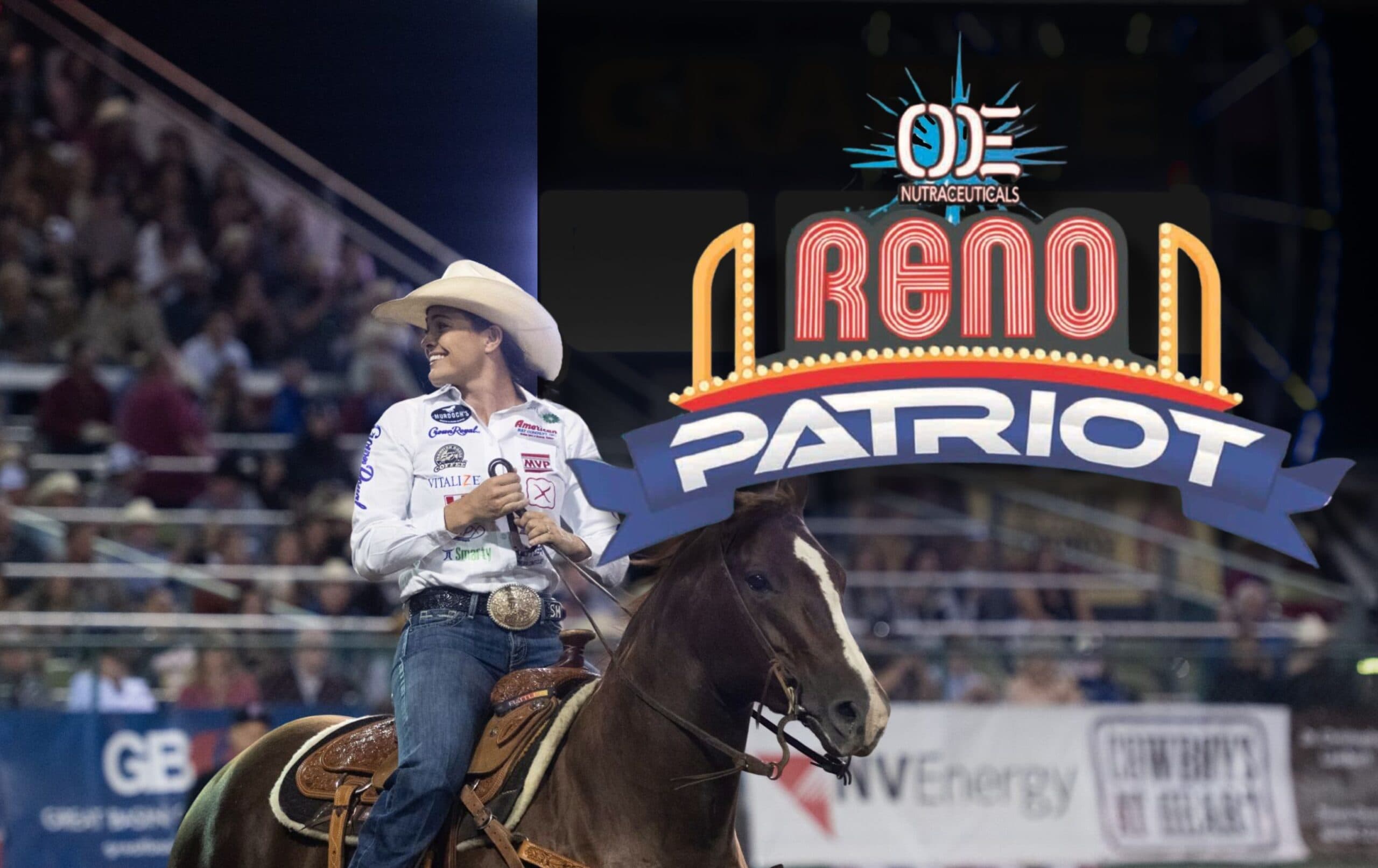 Rodeo competitor on horseback wearing white hat and western attire rides past "Brand Patriot" signage at indoor arena event