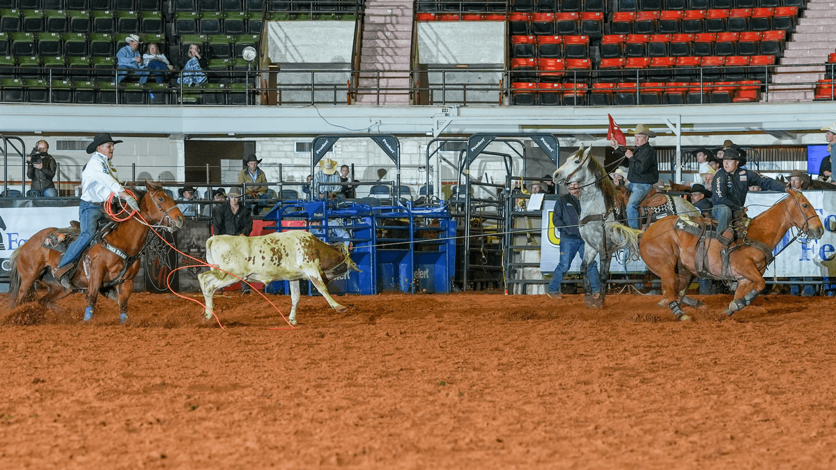 Ketch Kelton roped in 3.26 seconds with Denton Dunning on the heels, only to beat himself with Little Michael Calmelat with a stunning 3.25-second run
