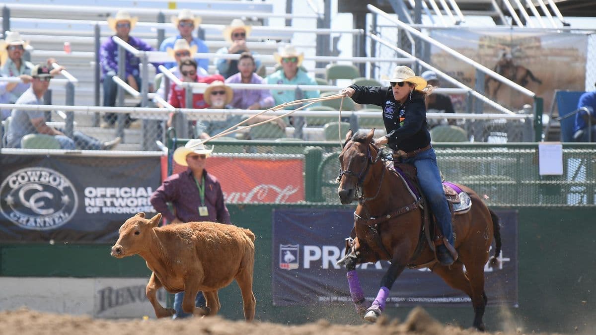 JJ Hampton ropes in the Reno Rodeo slack in 2021.