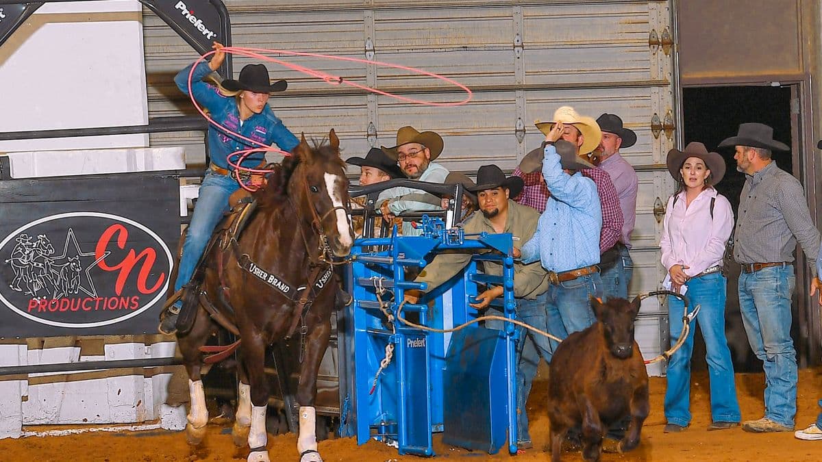 Roper on horseback swings lasso while team waits by blue chute at indoor rodeo event for Isher Brand Productions