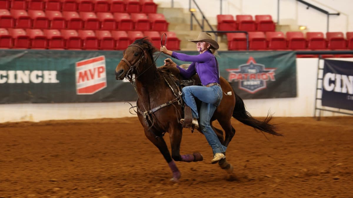 Rodeo competitor in purple shirt and cowboy hat on brown horse swinging lasso in indoor arena with red seating and sponsor banners