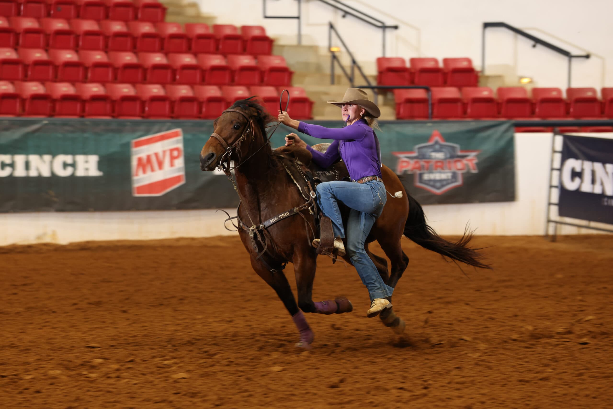 Rodeo competitor in purple shirt and cowboy hat on brown horse swinging lasso in indoor arena with red seating and sponsor banners