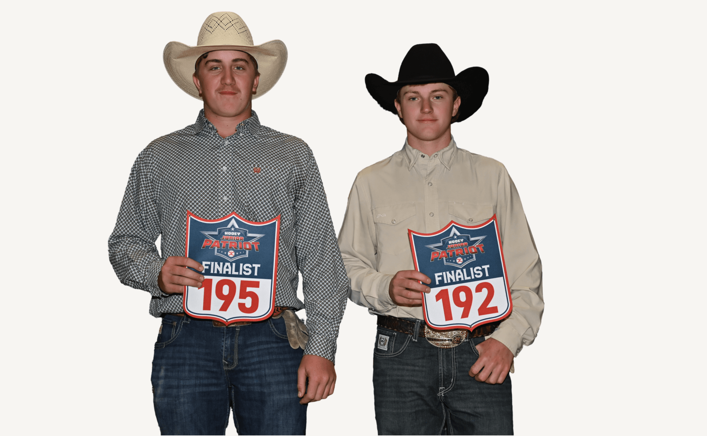 Two cowboys in western attire holding Cinch Patriot finalist placards numbered 195 and 192