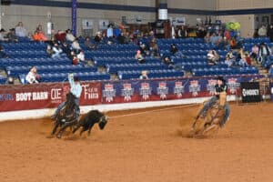 Two competitors on horseback chase a steer across the arena dirt during a ranch sorting event with spectators in the grandstands