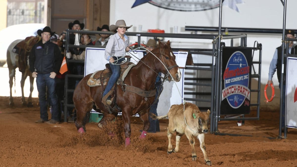 Braydee Bourdet competes in the 12 & Under Patriot Breakaway Roping in 2023.