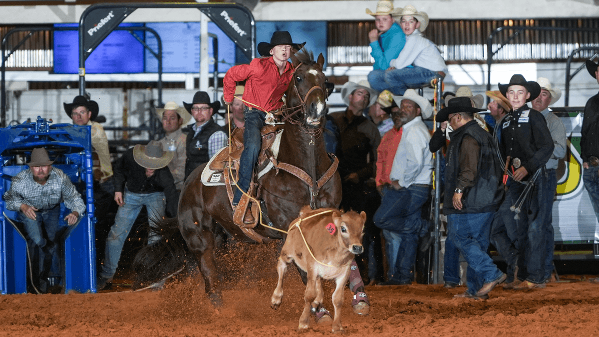 Jett Paker and family gelding "Deuce" got the win in the Hooey Jr. Patriot 12-and-under Breakaway Roping.