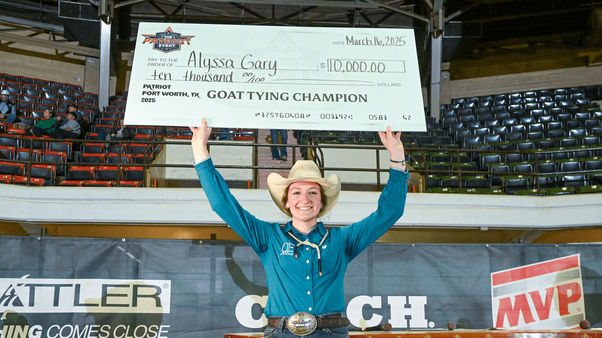 Alyssa Gary and her soft string reigned supreme at the Hooey Jr. Patriot 19-and-Under Goat Tying Finals.