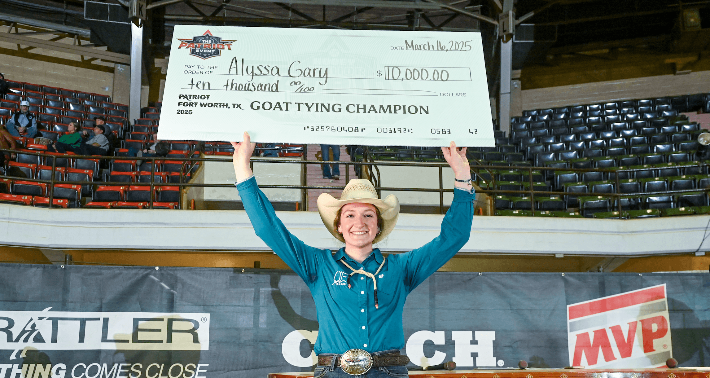 Alyssa Gary and her soft string reigned supreme at the Hooey Jr. Patriot 19-and-Under Goat Tying Finals.