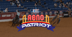 Rodeo competitors on horseback chase cattle in an arena during the Laguna Patriot event