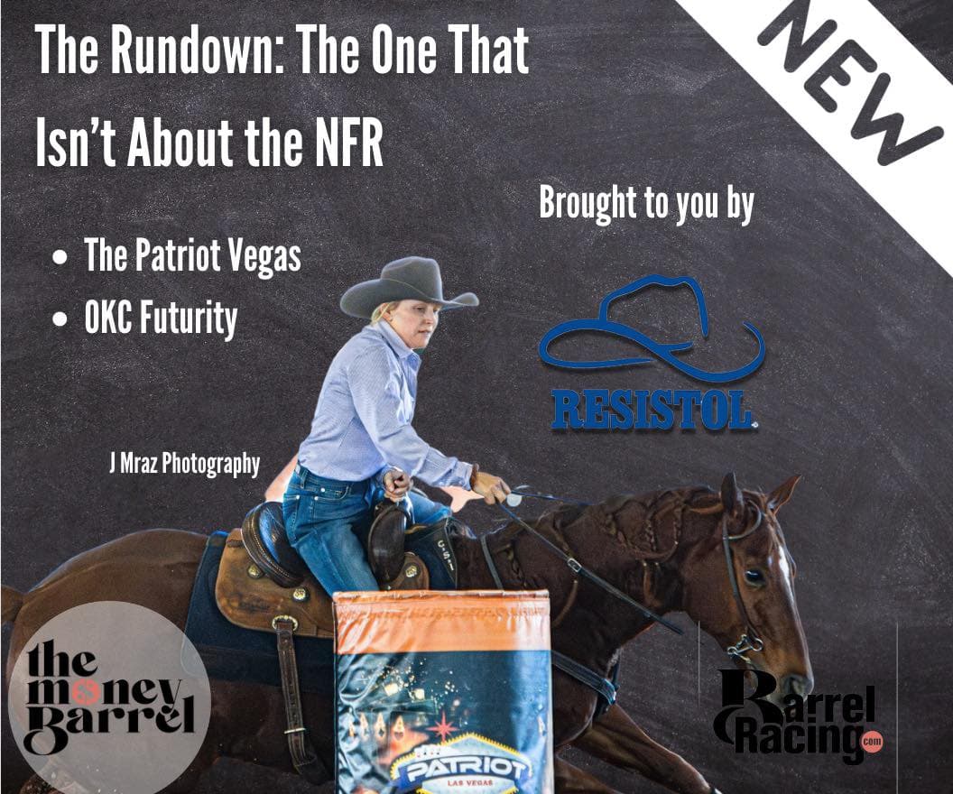 Cowboy on brown horse at barrel racing event, sponsored by Resistol, The Money Barrel, and Barrel Racing.com