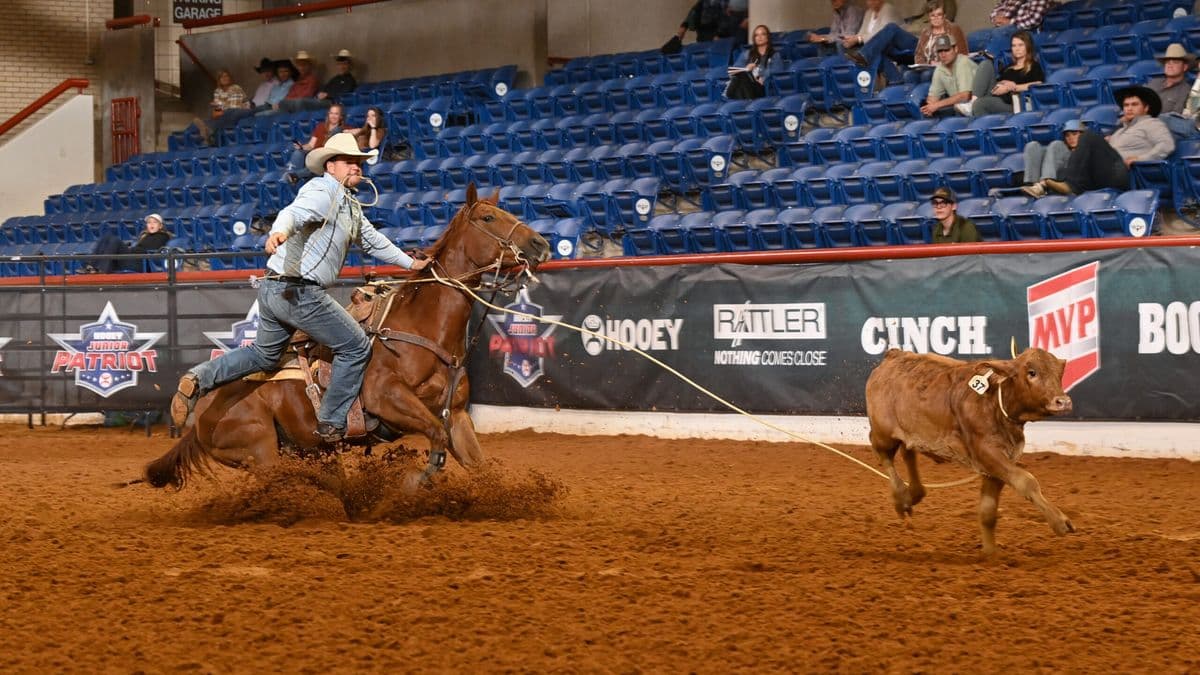 Tyler Calhoun was dominant throughout the 19 and Under Tie-Down Jackpot at the Hooey Jr. Patriot, roping and tying all three in the 9 second range.