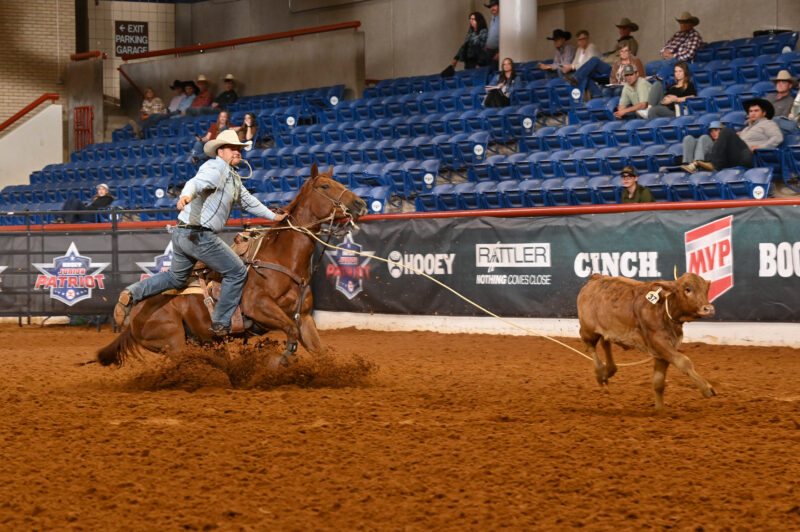 Tyler Calhoun was dominant throughout the 19 and Under Tie-Down Jackpot at the Hooey Jr. Patriot, roping and tying all three in the 9 second range.