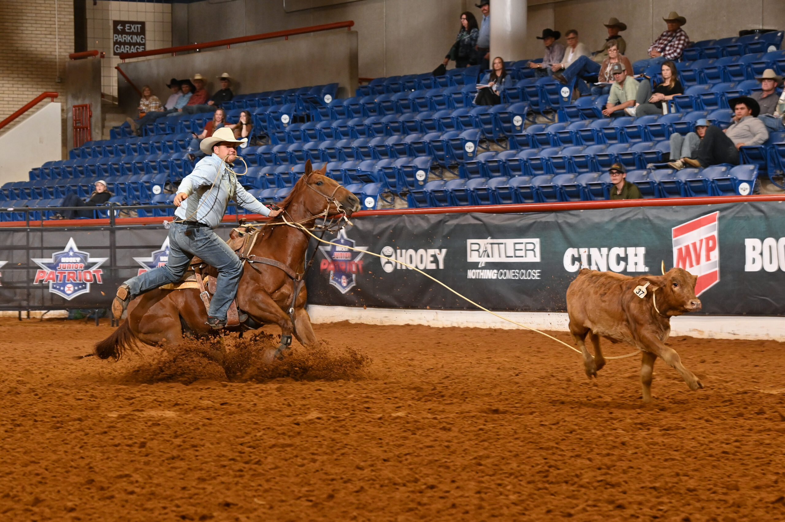 Tyler Calhoun was dominant throughout the 19 and Under Tie-Down Jackpot at the Hooey Jr. Patriot, roping and tying all three in the 9 second range.